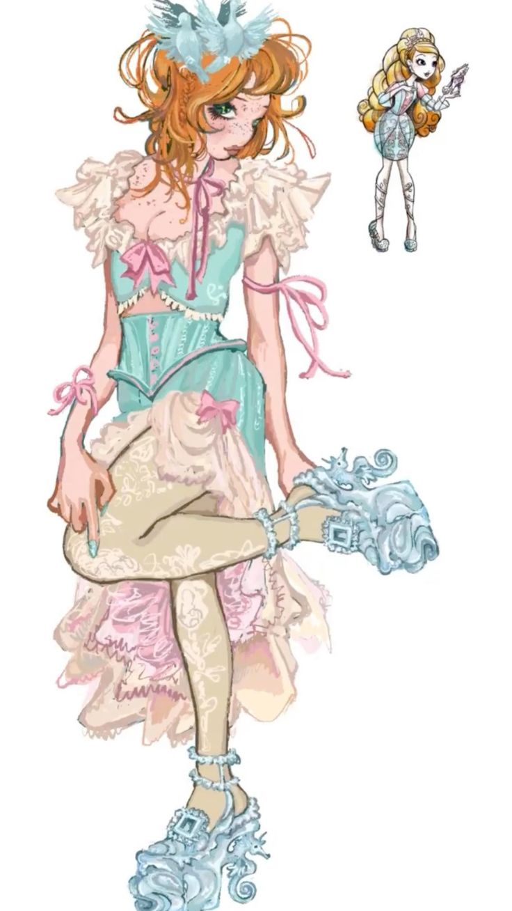 this image features a cartoon girl with a pink, white, and blue dress with a light blue crown with birds on it, she is wearing a blue and white dress with flowers and  pink straps on her arms and a pair of white and blue shoes with her foot on her other leg.  a smaller cartoon girl with a yellow dress is next to her.