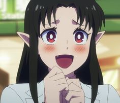 a young female animestyle vampire character is shown from the chest up. she has long black hair, red eyes, and is blushing. she has a look of excitement or anticipation on her face with her mouth open and her hands clasped together under her chin.