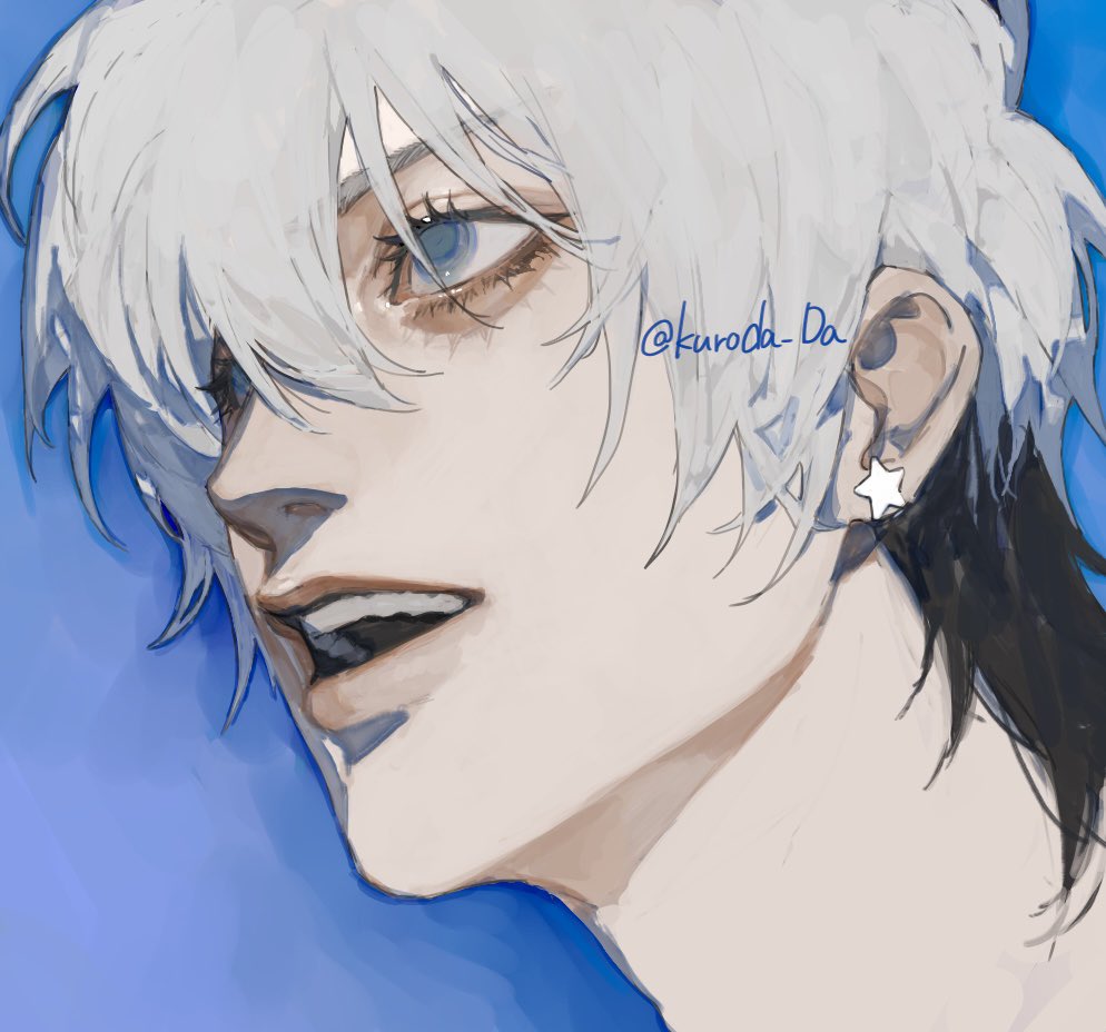 a digital illustration of a young man with white hair and blue eyes. the image is a closeup portrait, showing the subject from the chest up. he has a small smile and is looking off to the left. the artist has used a soft, painterly style, and the overall effect is one of gentle beauty.