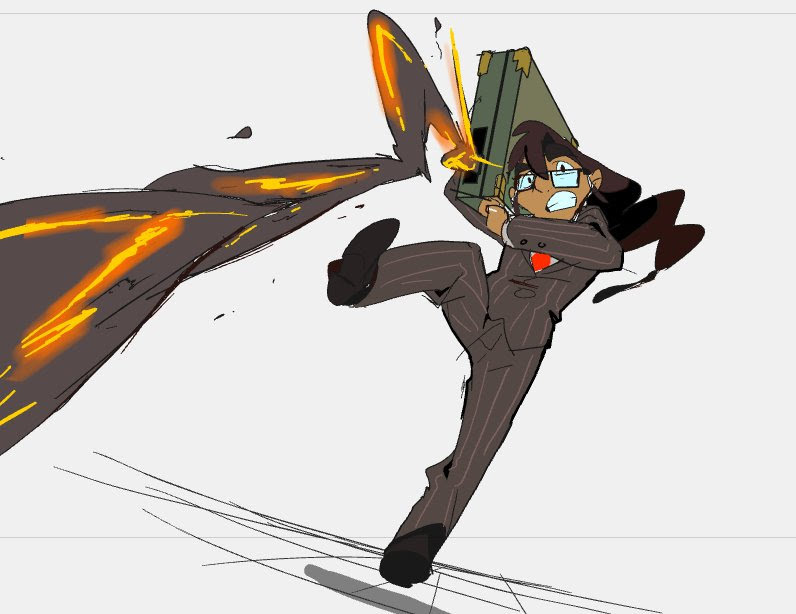 a cartoon man in a black pinstripe suit is running with a briefcase in his right hand,  kicking his left leg up and out. there is a large orange and yellow fire burst behind him. he is leaping forward with a determined expression on his face.  the background is white with a few black lines.