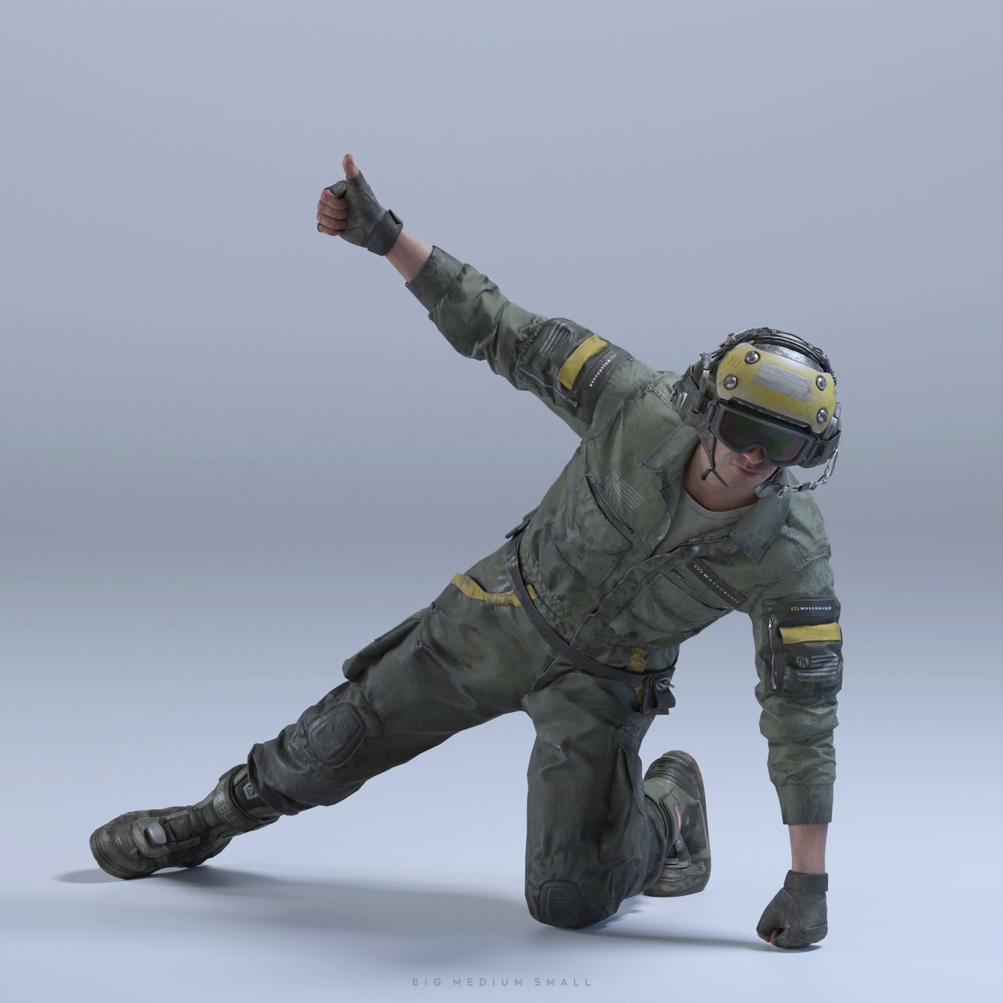 the image is a 3d render of a futuristic soldier or game character crouching on the ground.  the soldier is wearing a detailed, olivegreen tactical uniform with yellow accents.  they are wearing a virtual reality headset and have one hand raised in a thumbsup gesture. the overall style suggests a modern, perhaps slightly worn, military aesthetic. the background is a simple, light gray, keeping the focus on the character. the pose and rendering style hint at a dynamic action scene, possibly from a video game or a military simulation.