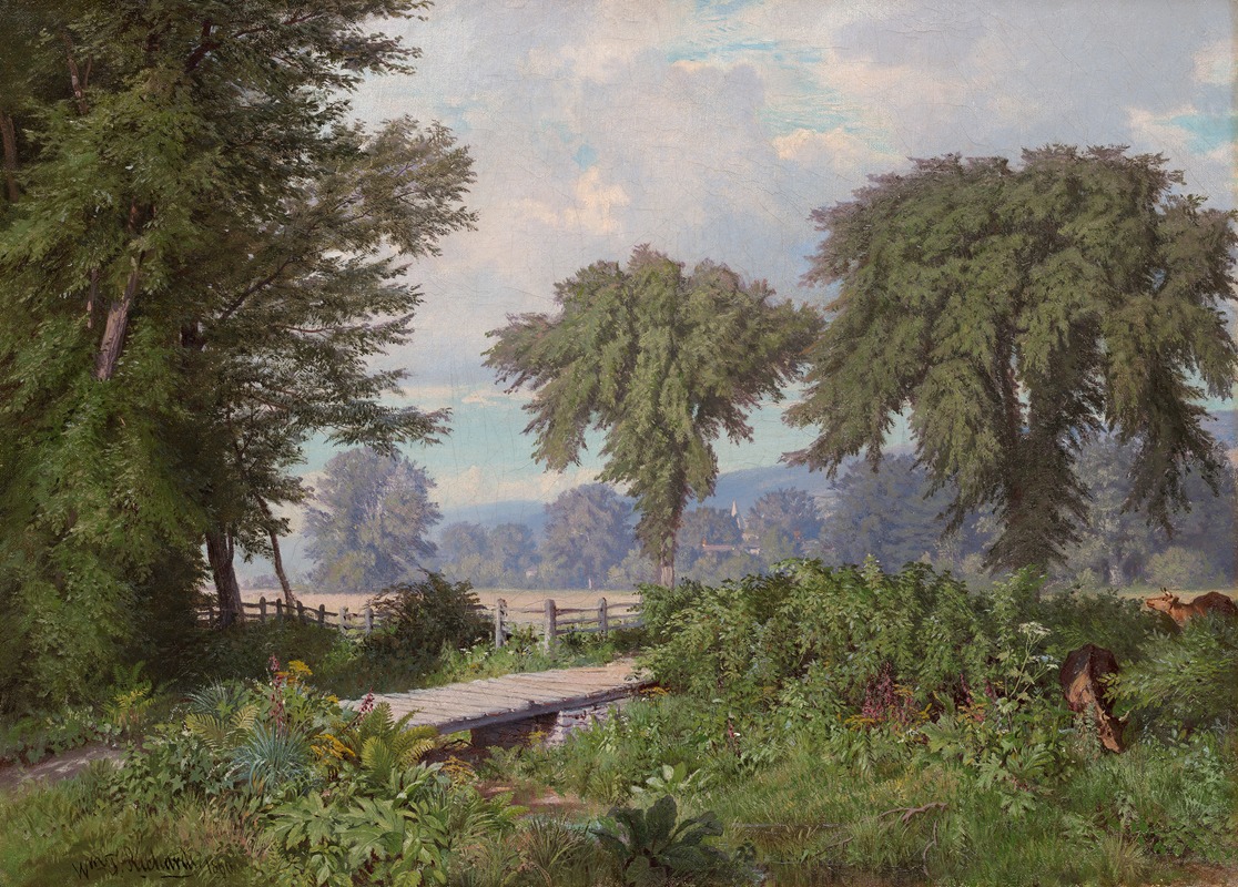 a painting of a landscape featuring a small wooden bridge over a creek. lush green foliage surrounds the bridge, with trees in the foreground and background. a field with a wooden fence is visible in the middle distance, and the sky is partly cloudy. the painting is signed "w.t. richards."