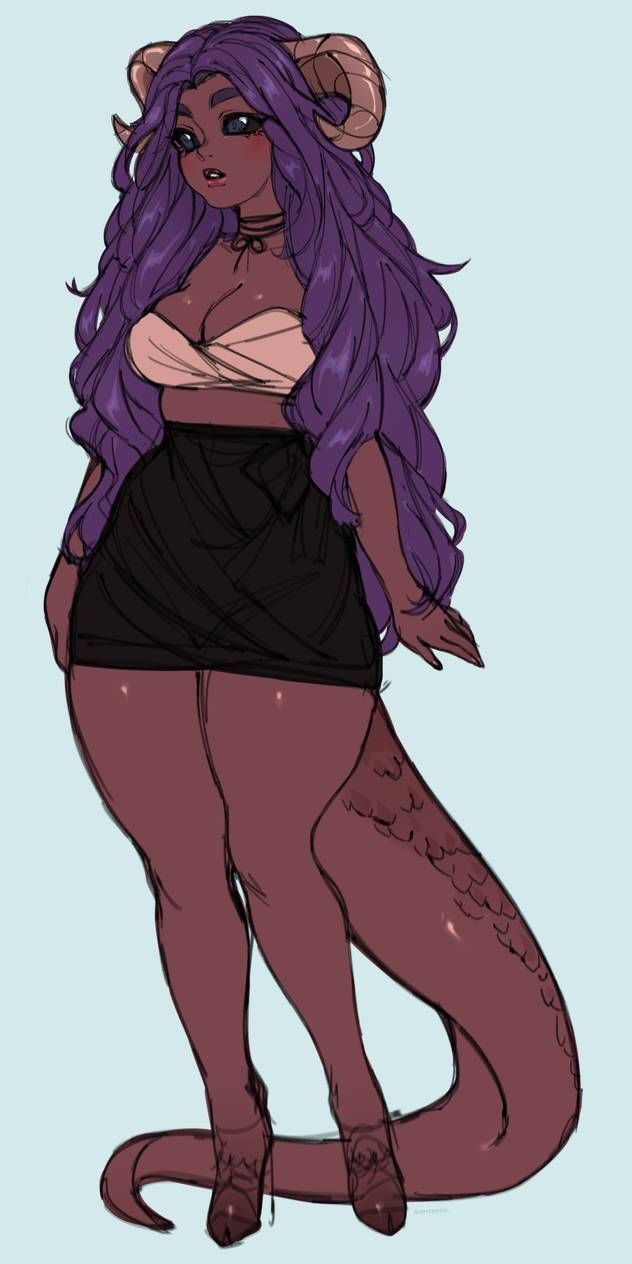 a digital illustration of an anthro woman with purple hair and horns, she has a scaled tail and is wearing a pink top and a black skirt. she looks to be in her 20s and has a confident expression.