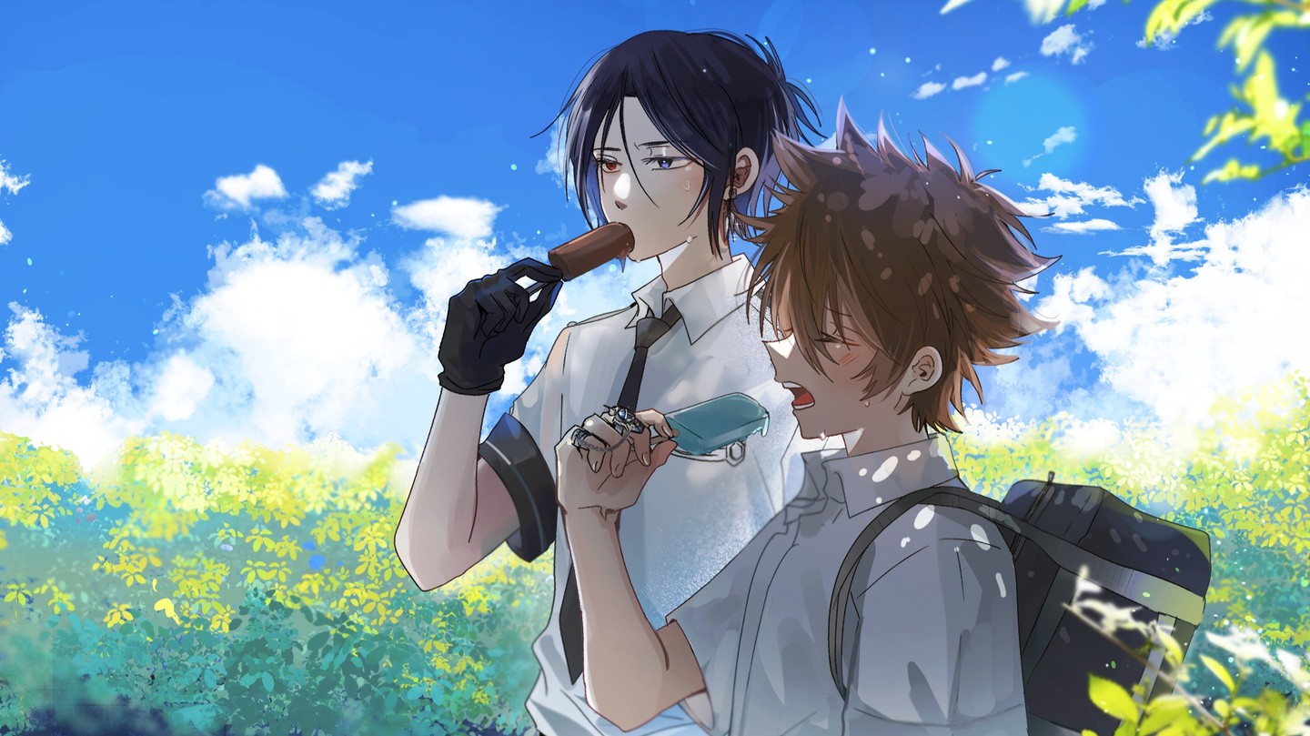 the image is a digital drawing of two animestyle boys enjoying a summer day outdoors. one boy with dark hair is eating a chocolate popsicle while the other boy with brown hair is eating a light blue popsicle. they are standing in a field of yellow flowers with green trees in the background.  the sky is bright blue with fluffy white clouds. both boys are wearing casual clothing, a variation of school uniforms, with one boy also wearing black gloves. one of the boys carries a backpack. the style is soft and cute with a lighthearted feel.