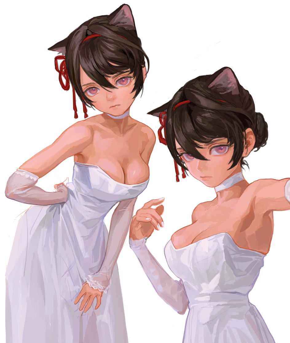 the image shows two anime girls with cat ears wearing white dresses. they both have pink eyes and red ribbons in their hair. one girl is wearing gloves.