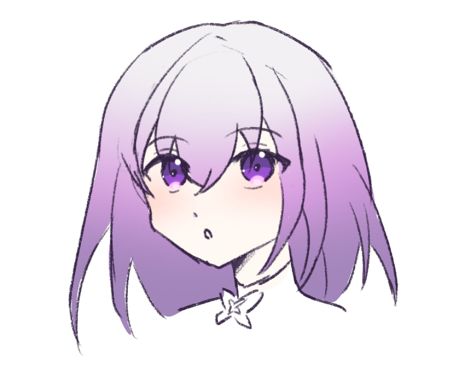 an anime girl with purple hair and purple eyes is depicted in a handdrawn portrait. she has a surprised expression and blush on her cheeks, and is wearing a flower accessory.