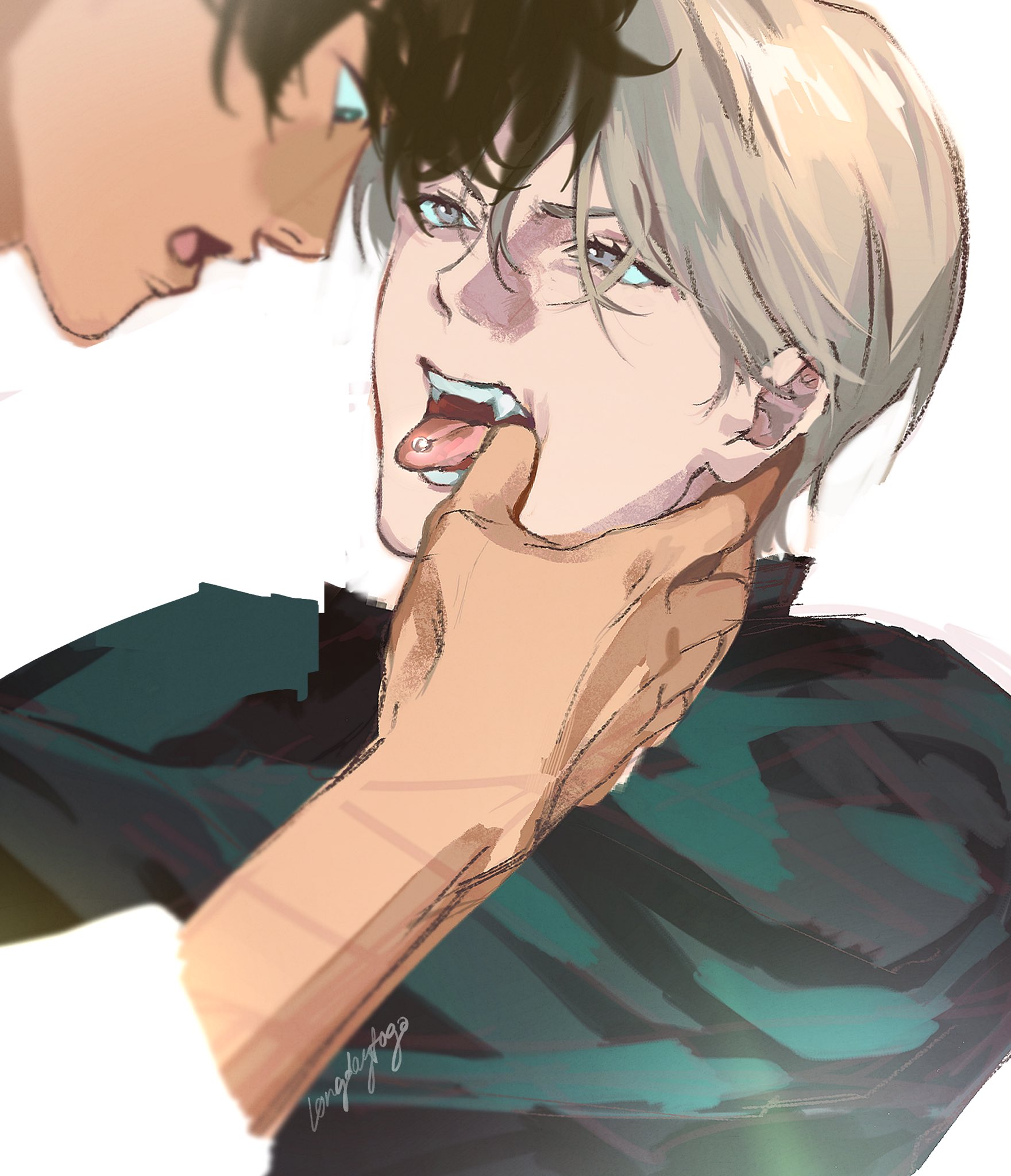 the image is a digital painting or illustration in an anime/manga style, depicting a closeup of two young men intimately interacting.  one man, with dark hair, is holding the chin and face of the other, who has blond hair. the blondhaired man's mouth is slightly open, revealing his tongue and a small piercing. the overall mood is romantic and suggestive, with a focus on the physical closeness and the sensual expression on both faces. the art style is loose and painterly, with visible brushstrokes and a blend of dark and light teal tones in the clothing.