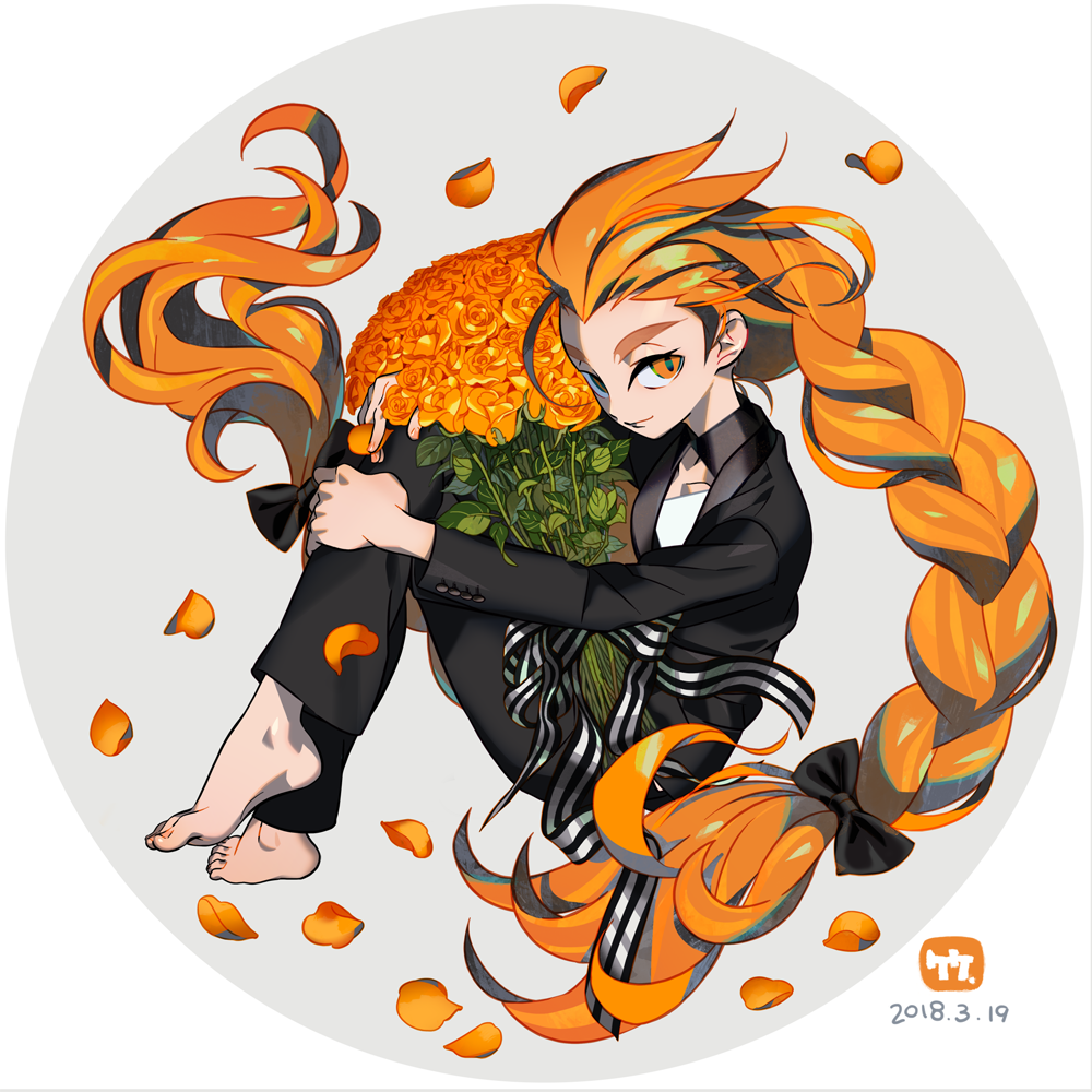 an anime girl with long orange hair in a braid is sitting and hugging a large bouquet of yellow roses. she is wearing a black suit with a white shirt and black bowtie. her hair is styled with a black ribbon.  the background is a circle with orange flower petals scattered around her.  the image is digitally drawn and signed with the date "2018.3.19" and "tt".