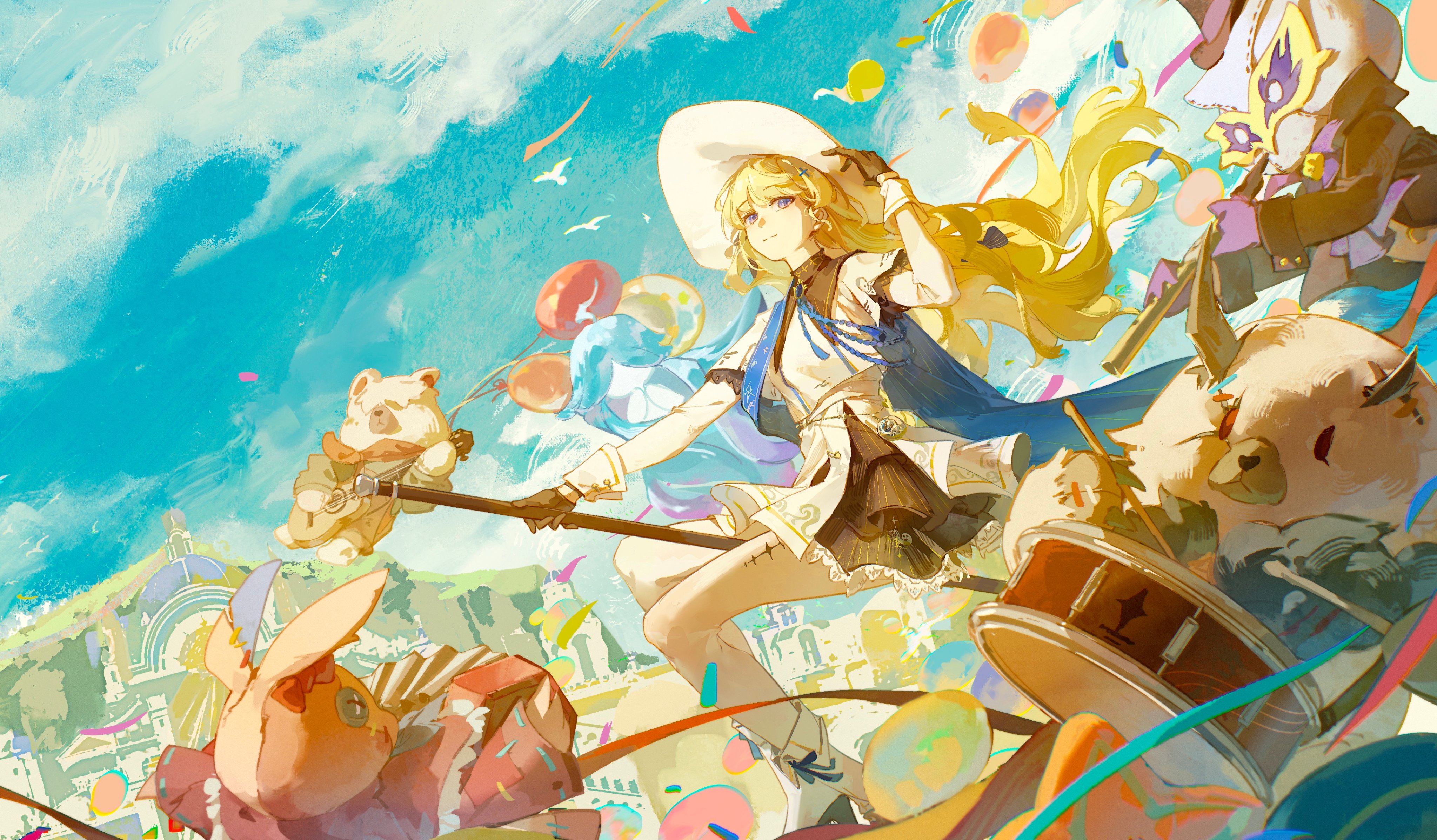 an animestyle illustration featuring a blondehaired woman with a widebrimmed hat riding a broomstick through a whimsical landscape. she is accompanied by stuffed animals playing musical instruments, including a drum and a guitar. the background includes a bright blue sky, fluffy white clouds, colorful balloons, and a cityscape in the distance. the overall tone of the image is fantasylike, colorful, and bright.