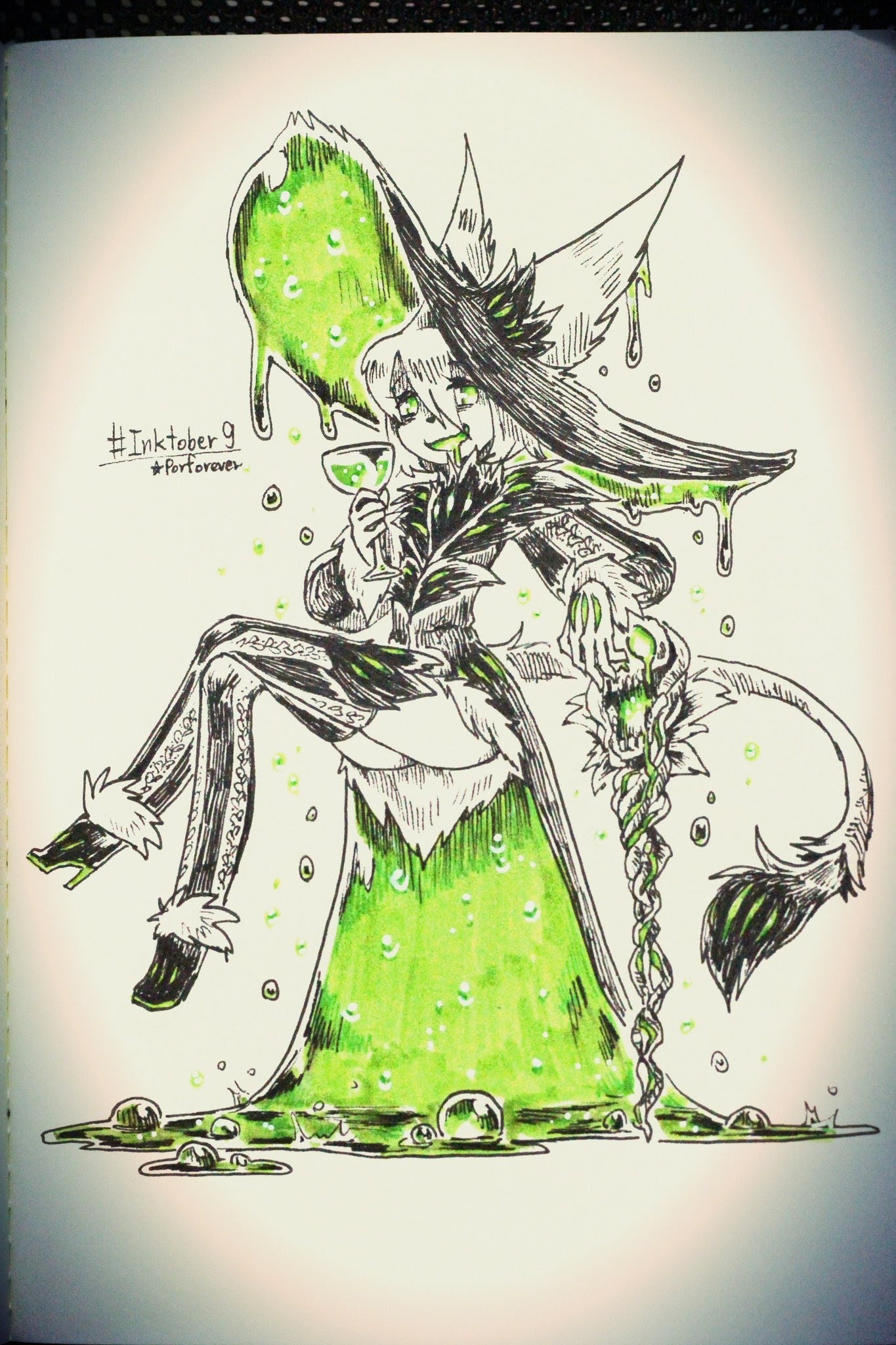 a digital drawing of a witch in a green and black witch hat, drinking from a green potion. she is surrounded by a green, bubbling slime, and her tail is a long, twisting tendril. the image is drawn in ink and colored with green and black shades, giving it a witchy feel. the drawing is titled "inktober 9" and is accompanied by a hashtag "#forever."