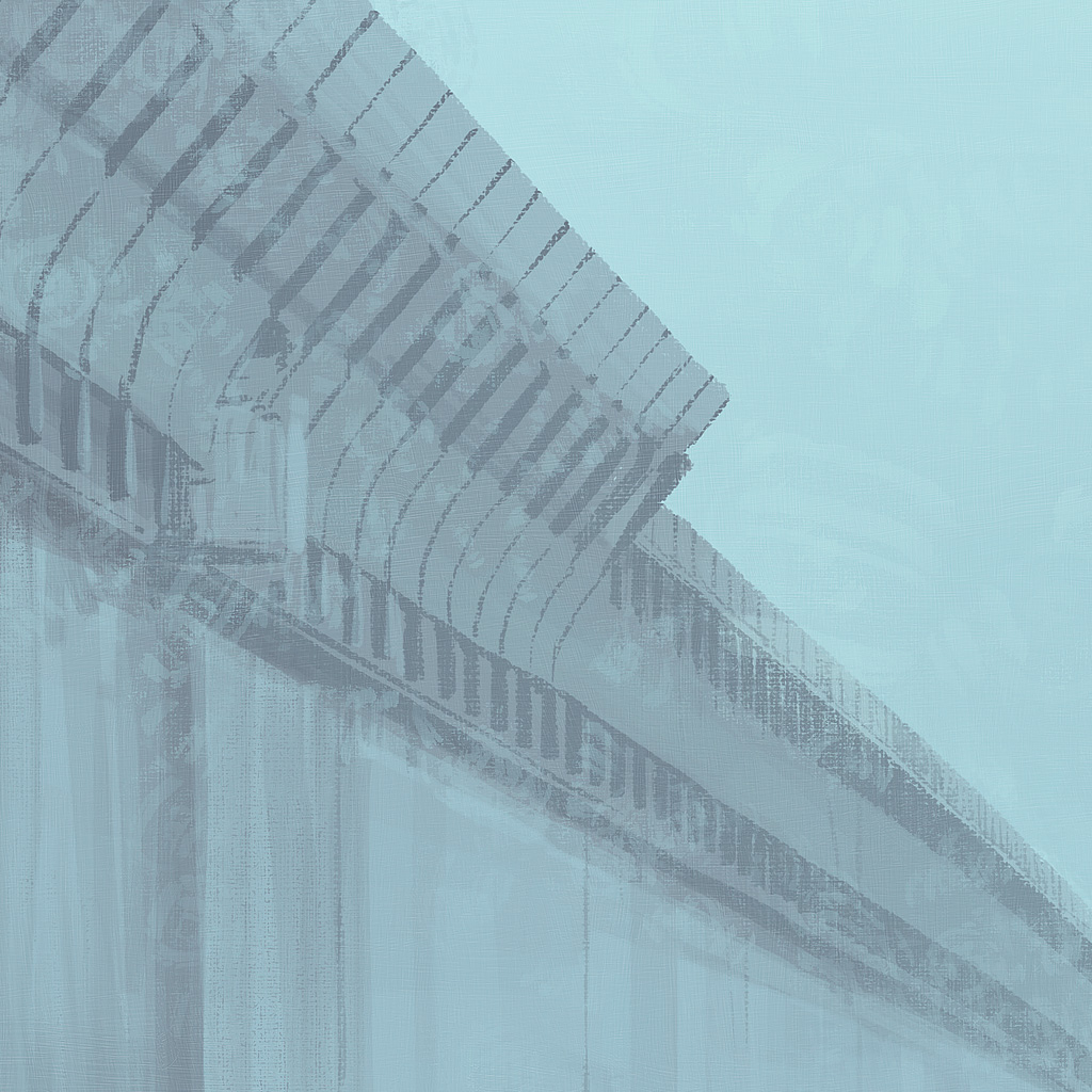 an abstract painting of a modern building with a geometric pattern on the roof. the painting is done in shades of grey and blue, with a minimalist style. the building is shown against a light background.