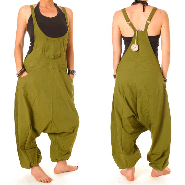 two images showing a woman wearing green overalls and a black tank top. the left image shows the front view, and the right image shows the back view. the overalls have a loose fit and pockets. the woman is barefoot in both images.