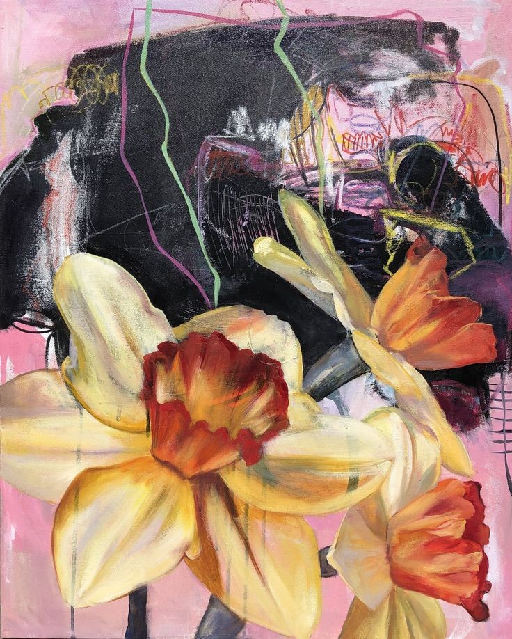 a vibrant, abstract painting featuring a stylized bouquet of yellow and orange flowers with red centers. the flowers are set against a background of black, white, green, and pink brushstrokes, creating a sense of depth and texture. the painting is bold and expressive, capturing the beauty and energy of nature.