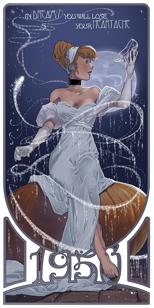 an illustration of cinderella in an art nouveau style. she is holding a glass slipper and wearing a white gown. she is seated on a pumpkin carriage. the image has a vintage feel and contains the words "in dreams you will lose your heartache" at the top. the numbers "1951" are featured at the bottom, likely a reference to the year of the original animated film's release.
