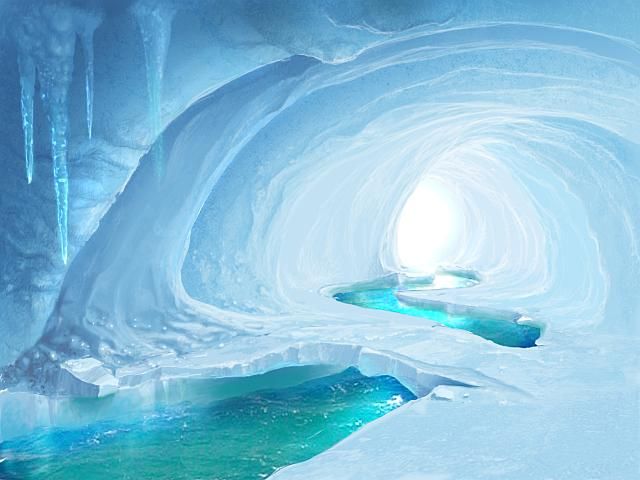 an image of a winding river flowing through an ice cave. the walls and ceiling of the cave are made of ice and snow, with icicles hanging from the ceiling. the water in the river is a bright blue color. the end of the tunnel is filled with bright light.
