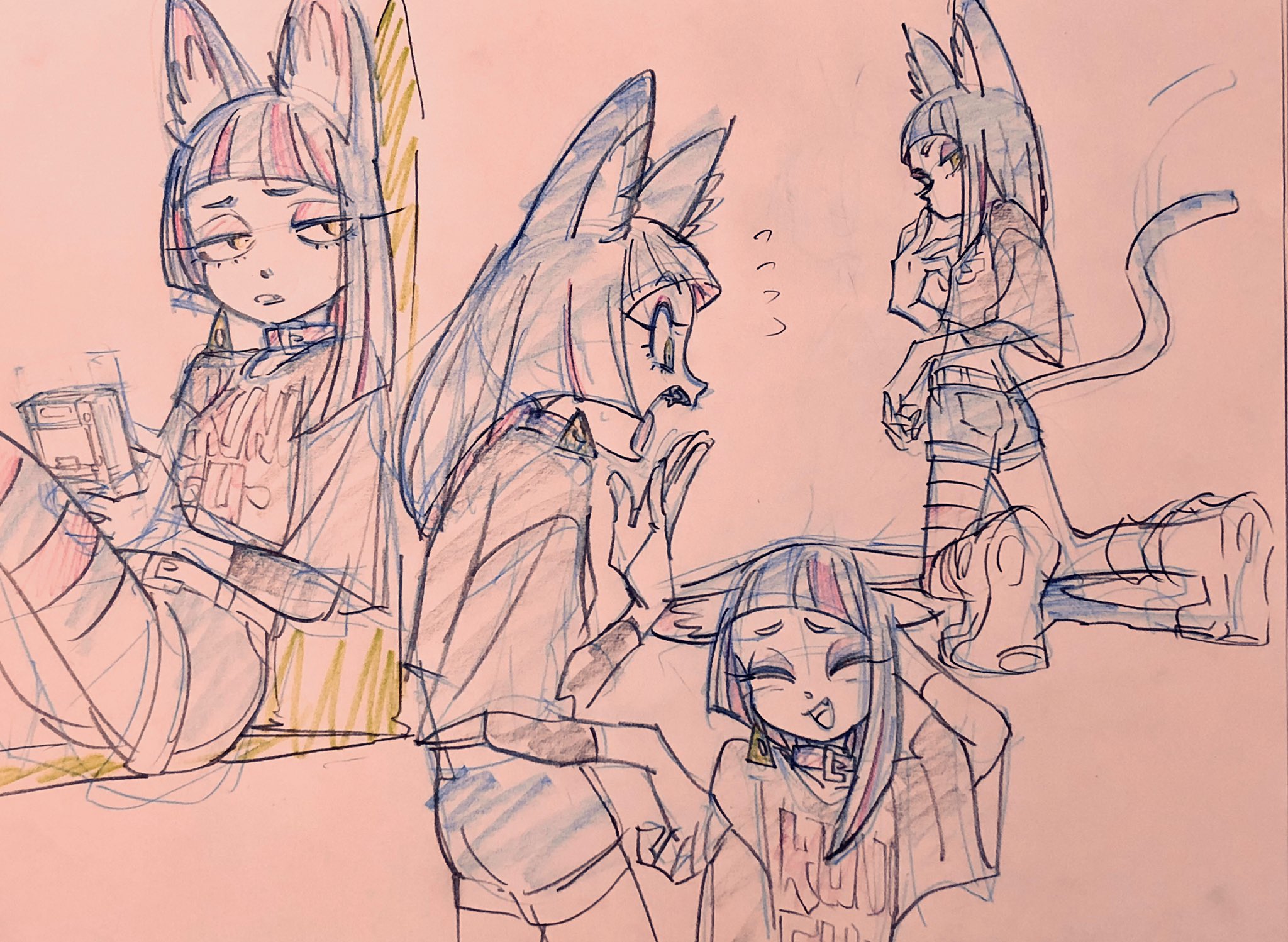 a sequence of four pencil sketches  showing the same original character with different poses and expressions. the character is a female cat girl, possibly a teenager, with long, dark hair with a fringe, pointy ears, and a tail. she's wearing a graphic tshirt, shorts, and leg warmers. in the first sketch, she's sitting down while looking at her phone. in the second, she's  standing and reacting with surprise to something offscreen. in the third, she is adjusting her shorts and looking to the side. finally, in the fourth sketch, her head is down, and she's looking at the viewer with a disappointed expression on her face. the artist used mostly blue and red pencils for the drawing.