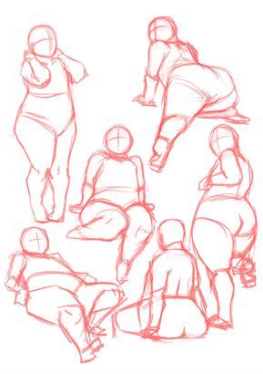 this is a sketch of six figures in various poses, drawn in a stick figure style with pink and red outlines.  each figure has a simple oval shape for a head and lines that connect to form the limbs.  the figures are in a variety of dynamic poses and seem to be midaction.