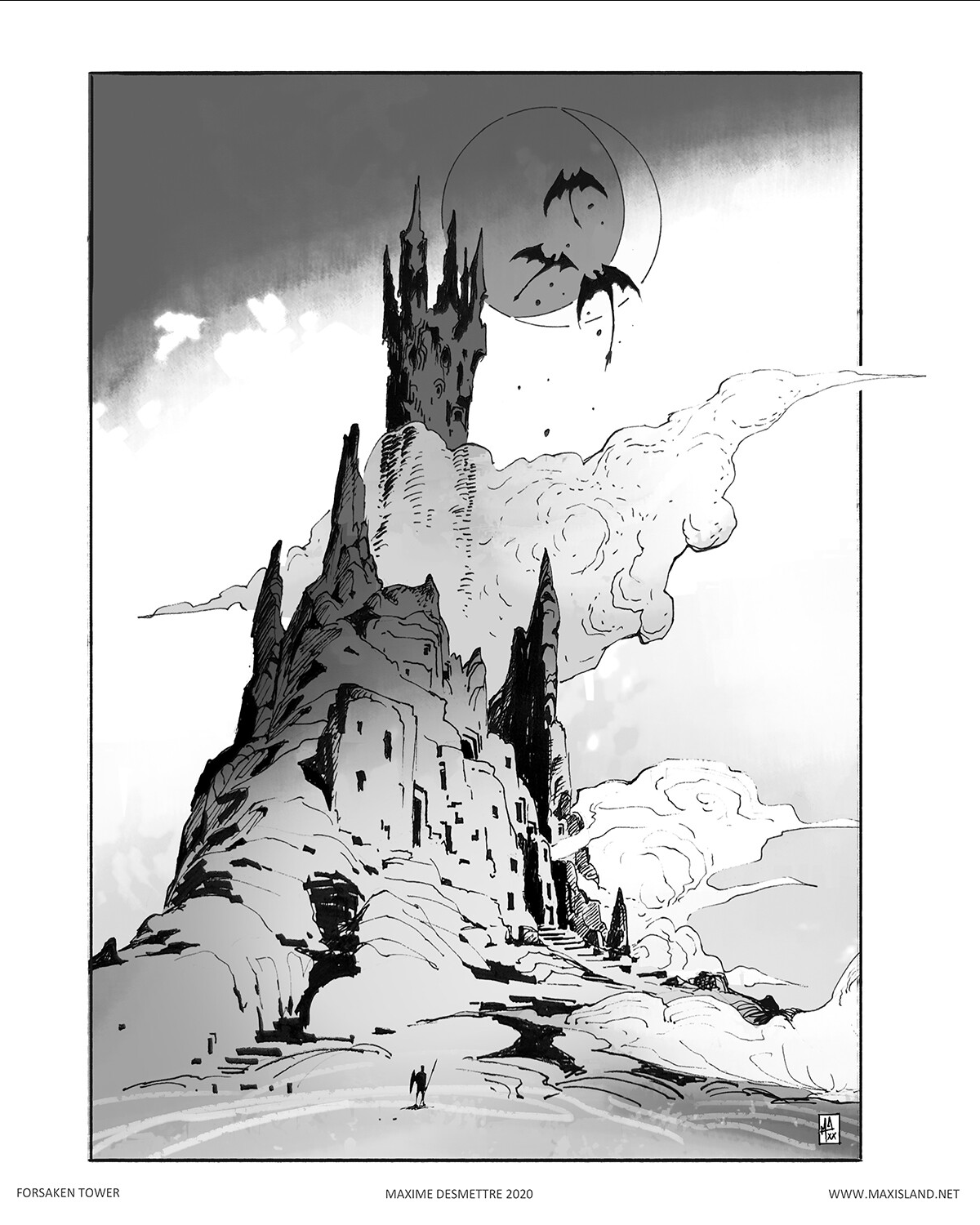 a tall, imposing tower rises from the top of a craggy mountain.  the tower and the surrounding structures are in ruins, with crumbling walls and broken windows. the moon hangs large in the sky behind the tower, and two dragons circle overhead.  the overall impression is one of darkness, mystery, and danger.