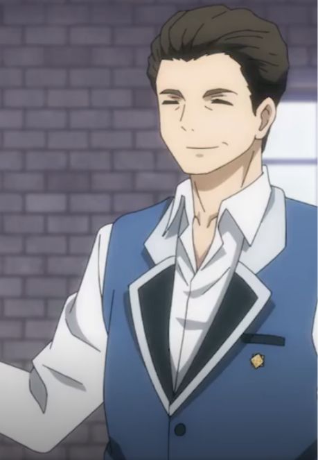 this image features an anime male character wearing a blue vest with a white shirt. he has dark hair with a side part. the character is smiling and looking to the right. the background is a grey brick wall.