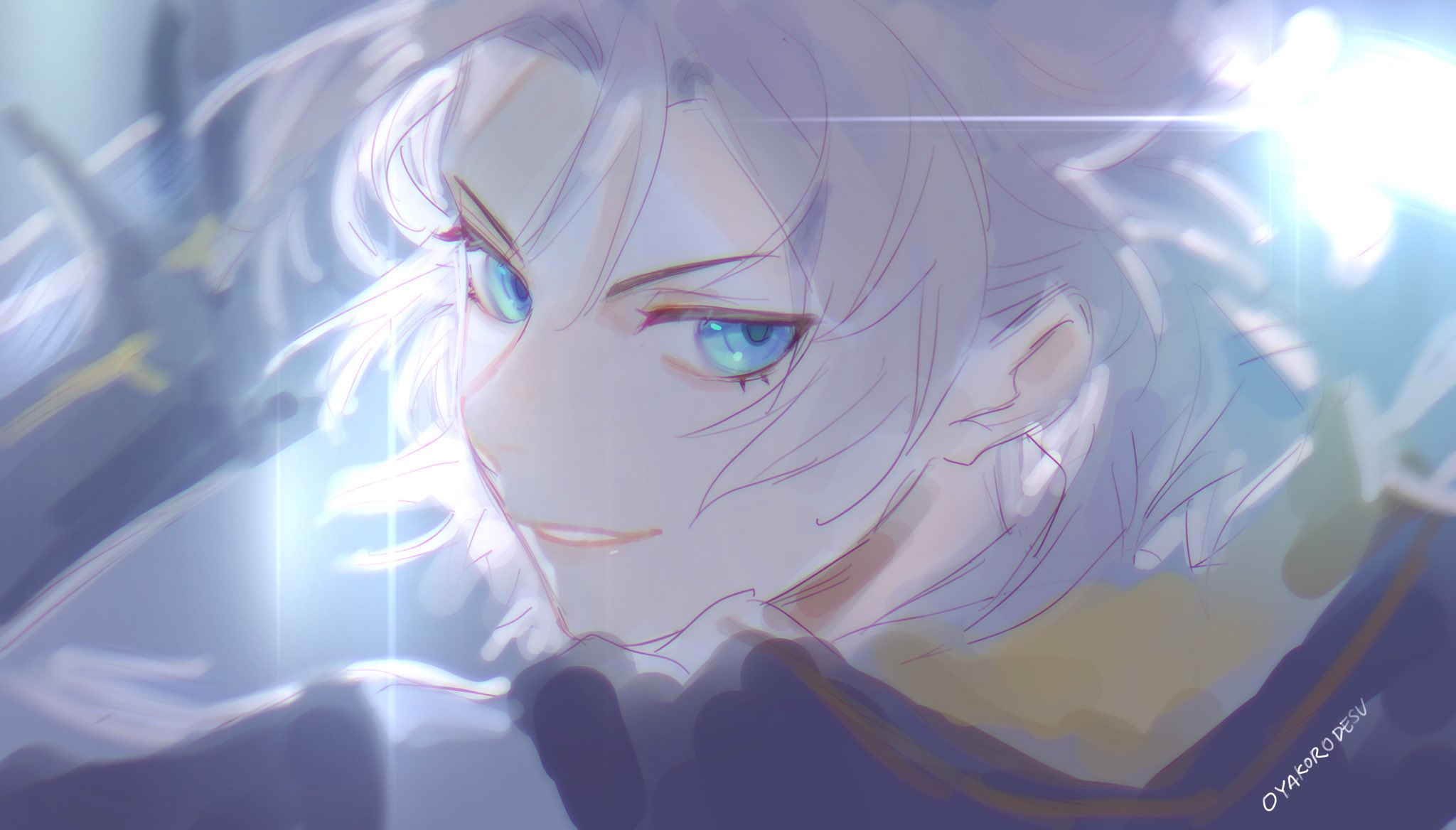 a closeup portrait of an anime boy with white hair and blue eyes. he is smiling and his face is partially lit by a soft light. the background is blurred and faded, suggesting a dreamy or ethereal setting. the artwork is drawn in a soft, digital style.
