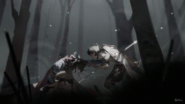 the image is a digital painting depicting a duel between two figures in a dark, snowy forest.  the figures are cloaked and hooded, their features obscured by shadow and low light. one figure appears to be wielding a sword or similar weapon. the overall atmosphere is dark, moody, and dramatic, emphasizing the intensity of the confrontation. the style is painterly, with soft edges and a focus on atmosphere rather than sharp detail.  the color palette is primarily grayscale, with subtle variations in tone to suggest depth and form.