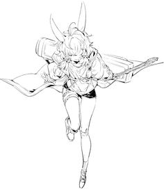 a black and white sketch of a rabbit girl running towards the viewer while playing an electric guitar. the drawing style is dynamic and full of energy.