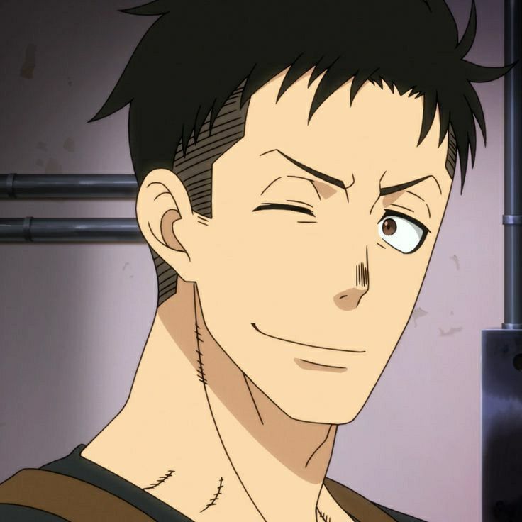 a close up portrait of an anime man with black hair looking to the right. he has a sly grin on his face, with one eye closed and the other wide open. he has a faint scar on his neck and chin. he is wearing a black shirt.