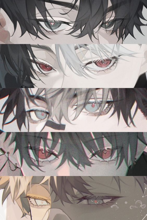 this is an animestyle illustration featuring the intense gazes of five different male characters. each closeup shot focuses on their eyes, showcasing distinct eye shapes, color variations, and emotional undertones. the art style leans towards a soft, ethereal aesthetic with a muted color palette.