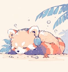 this image depicts a cute cartoon red panda sleeping peacefully on a beach with headphones on. the panda is lying on its side with its head resting on its paws. its tail is curled around its body. the panda is surrounded by tropical leaves and the beach is sandy and white. the image is very soft and dreamy.  the red panda's fur is a light peach color with orange stripes and there are small light blue leaves surrounding the panda. the image has a soft light pink background and the panda's ears are flopped over its face as it rests its head on its paws.