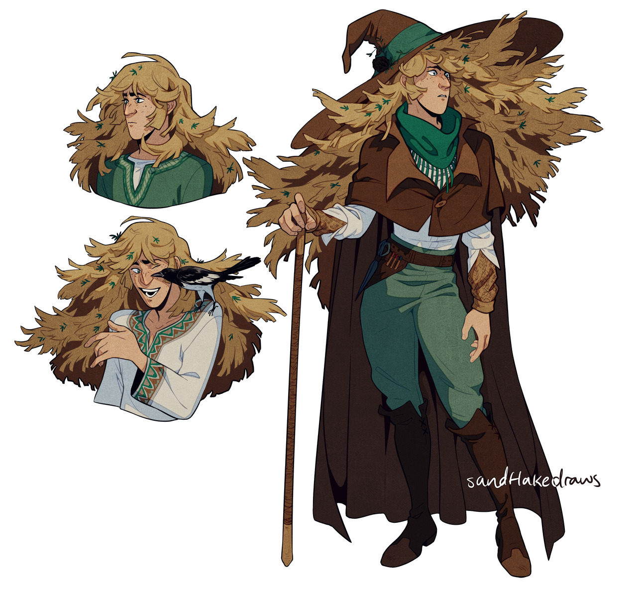 the image shows a digital illustration of a young man designed as a witch or wizard, possibly a druid, with natureinspired elements. he has long, flowing blond hair adorned with leaves and flowers, suggesting a connection to nature and magic. he wears a combination of brown, green, and white clothing  a brown leather jerkin, a green tunic, and white undershirt with green embroidery. his widebrimmed hat and long brown cape further enhance his magical persona. he holds a wooden staff in his right hand.three smaller portraits surround the main figure: a profile view showing his calm expression, a frontal view with a mischievous smile as a bird perches on his hand, and another profile view capturing a thoughtful gaze.