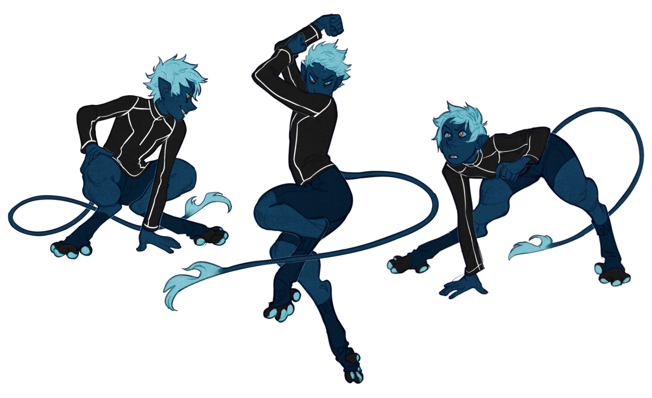 a three view character design sheet of a blue beastman with a long tail in athletic wear. he is in 3 different dynamic poses.