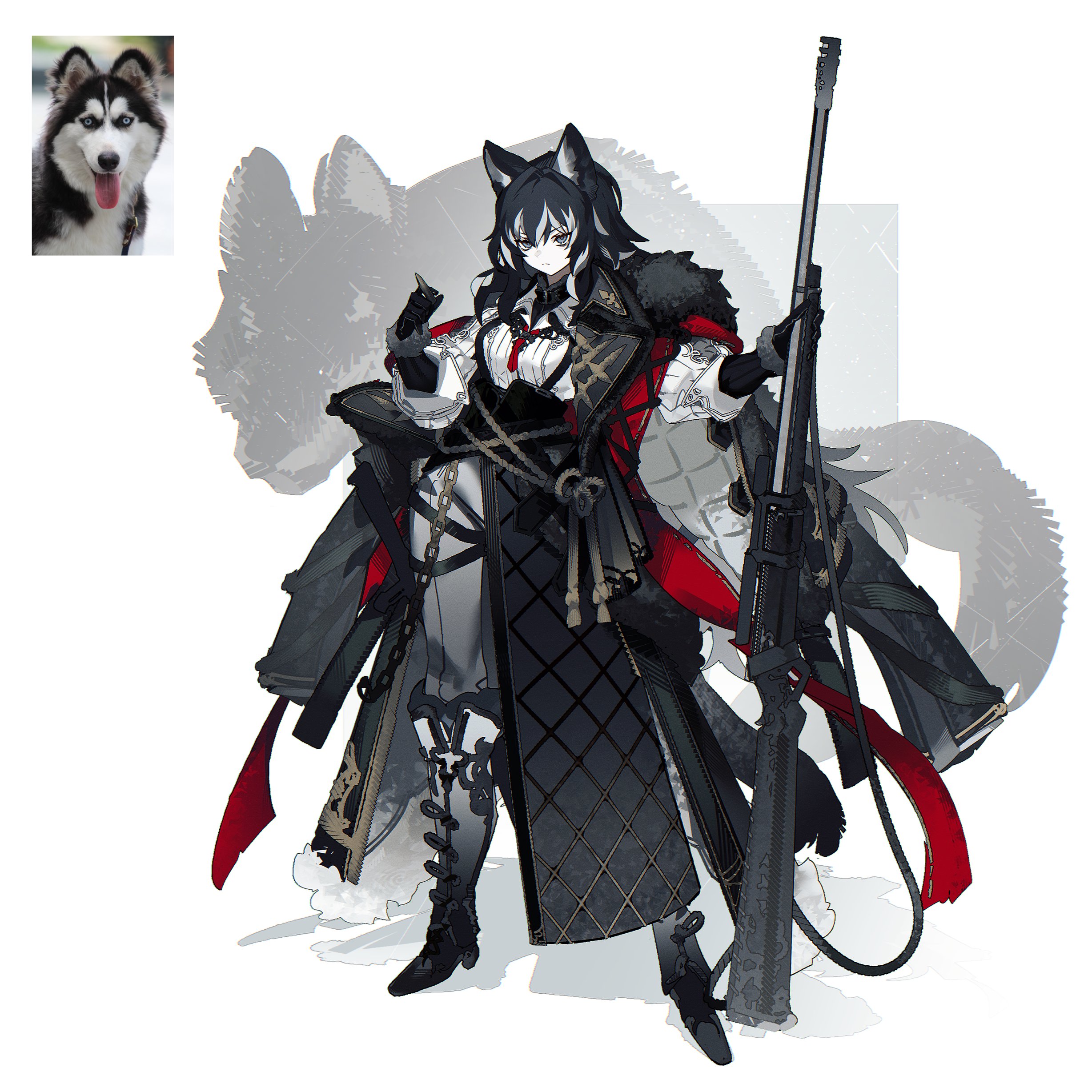 a female character with black hair, wolf ears, and a tail stands in a confident pose. she's wearing an elaborate outfit with a long coat, intricate details, and thighhigh boots. her attire incorporates black, white, gray, and red colors. she holds a large futuristiclooking rifle and has a stoic expression. the background is white, with a faint silhouette of a wolf howling behind her, subtly referencing her wolflike features.
