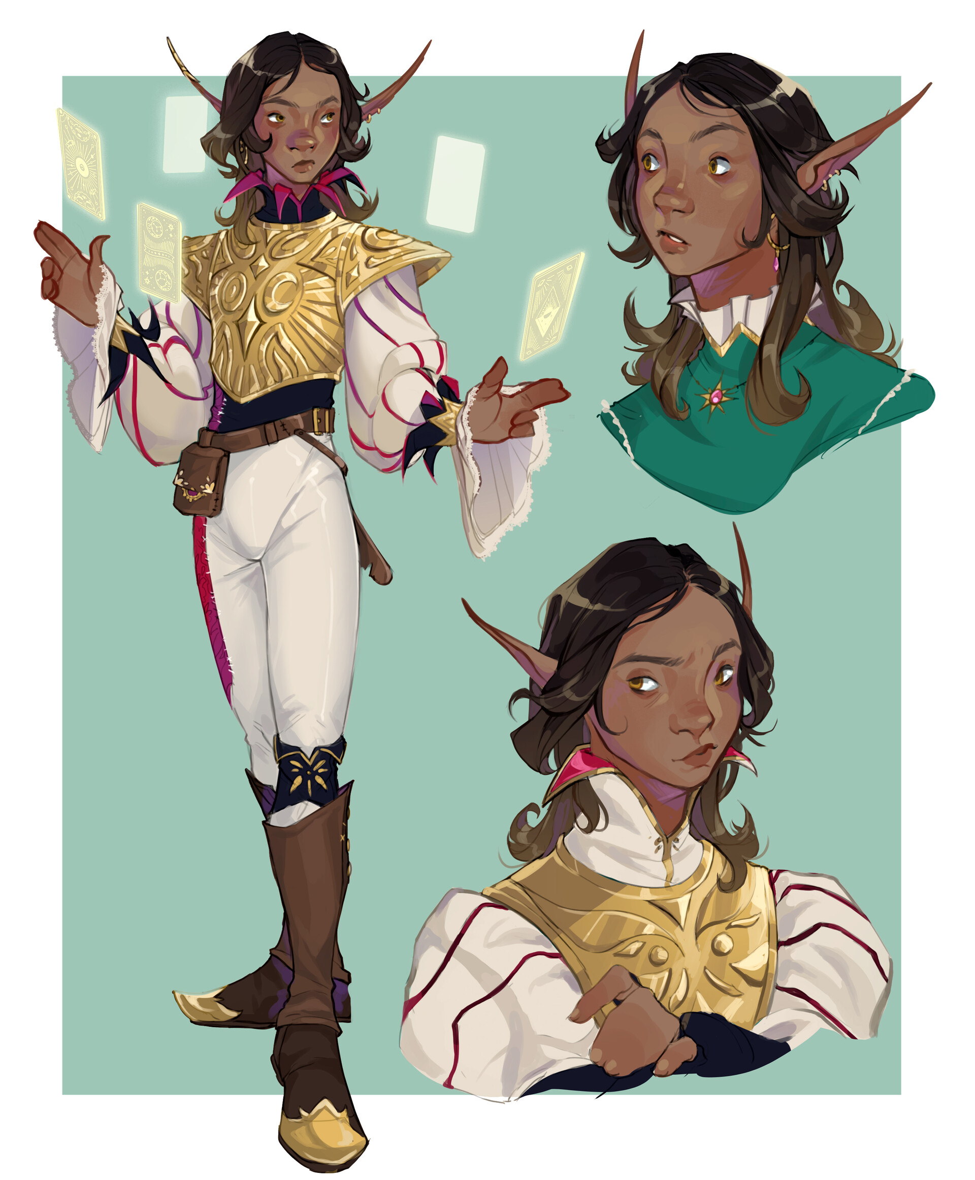 he image showcases a fantasy character, a darkskinned elf woman, depicted in three different views.  the main view shows her full body, presenting a detailed character design. she's dressed in white and gold attire: a white top with goldtrimmed detailing over a golden breastplate, white pants, and high brown boots.  she also wears a small brown bag at her hip and seems to be a card player, holding out magicallooking cards that float around her. two additional views provide closeup portraits of her head and shoulders from different angles.  the overall style is a digital painting, with a soft, vibrant color palette, focusing on elegant character design and fantasy elements. the background is a simple light teal, allowing the character to stand out.