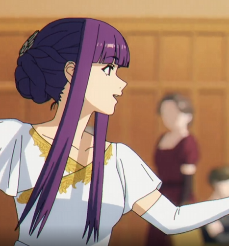 the image features an anime girl with long purple hair, styled in an elegant updo. she is wearing a white dress with gold embellishments and white gloves, suggesting she is participating in a ballroom dance. the setting appears to be a grand ballroom with wooden paneling, and other people are faintly visible in the background, blurred to emphasize the focus on the girl in the foreground. the scene is brightly lit, implying natural light illuminating the ballroom. the image is captured from a side view, showcasing her profile as she looks towards something or someone offscreen with a pleasant expression.