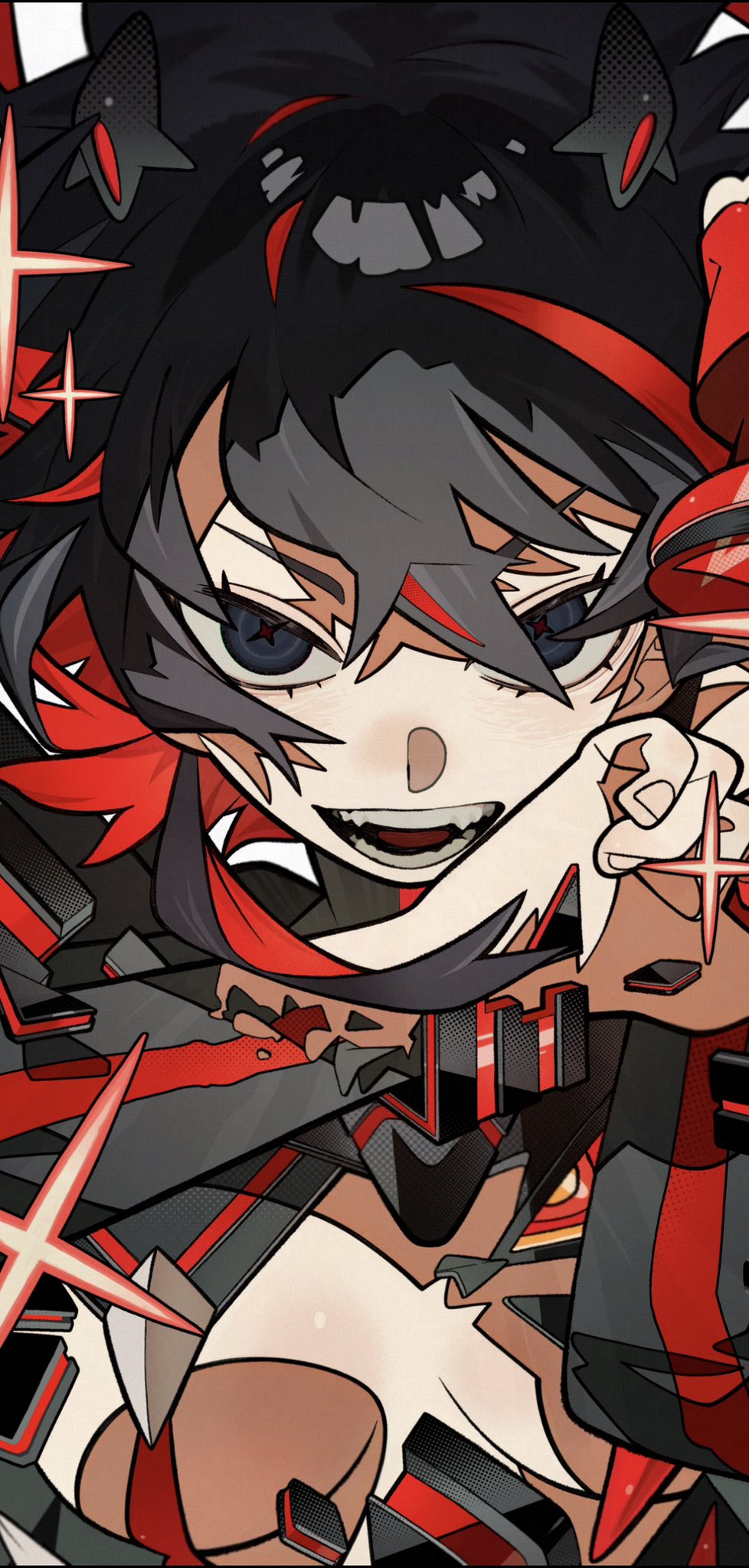 this is a digital art illustration of an anime girl with red and black hair, she is wearing red and black armor and has sharp white eyes with a mischievous smile.  the girl is in a fighting pose, she is holding a robotic weapon. the art style is a mix of cyberpunk and manga, with bold lines and bright colors.