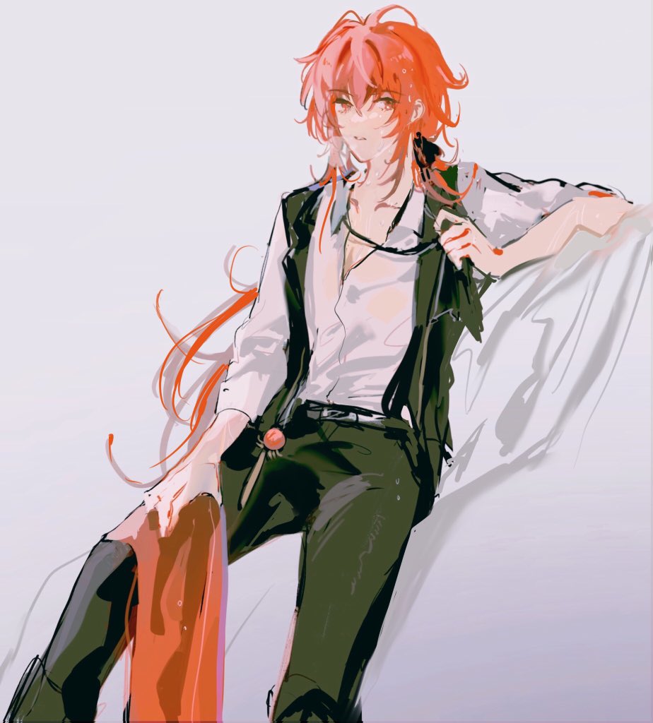 the image features a young anime boy with long, flowing red hair and red eyes. he is wearing a white shirt, a black jacket, black pants, and a red scarf. he is sitting on a white surface, leaning back and looking relaxed. his outfit suggests a casual, stylish look. the background is a soft, light gray. the overall style of the image is modern and sophisticated. the boy appears to be a charming and confident character.