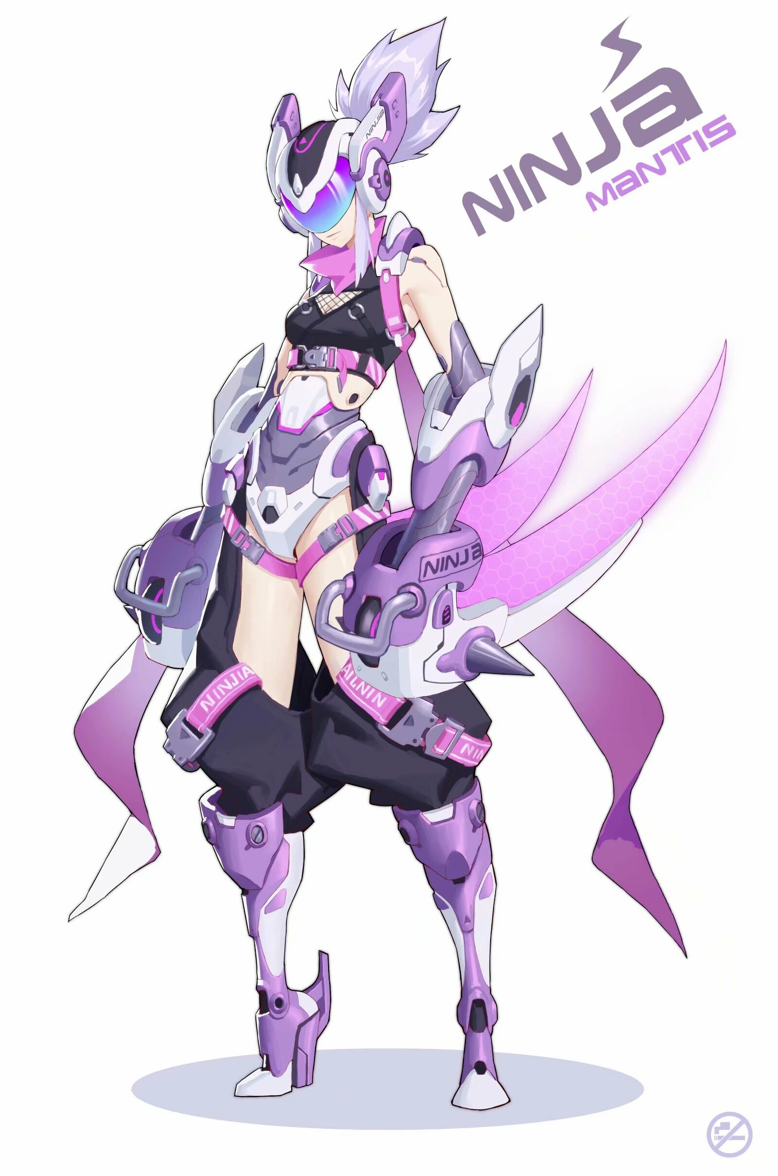 a fullbody digital art illustration of a cyborg female character named "ninja mantis". she wears futuristic armor in shades of purple, white, and black, along with goggles and a helmet. she is equipped with bladelike weapons attached to her arms. the background is plain white.
