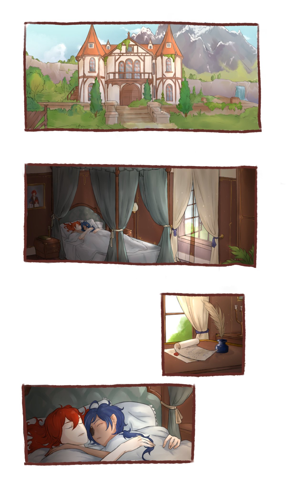 the image depicts a romantic scene set in a cozy cottage nestled in a mountainous landscape. the top panel reveals the exterior of the home, showcasing its charming architecture and a tranquil garden. moving down, we see the couple's bedroom, adorned with a fourposter bed draped in luxurious curtains. the bottom left panel captures the pair fast asleep in a tender embrace, while the panel to the right shows a writing desk with a quill pen and an open parchment. the scene radiates warmth and intimacy, evoking a sense of contentedness and love.