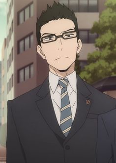 an anime character of a man with short black hair wearing glasses, a white shirt, a blue tie with white stripes, and a dark suit jacket is staring directly ahead. there are buildings in the background.