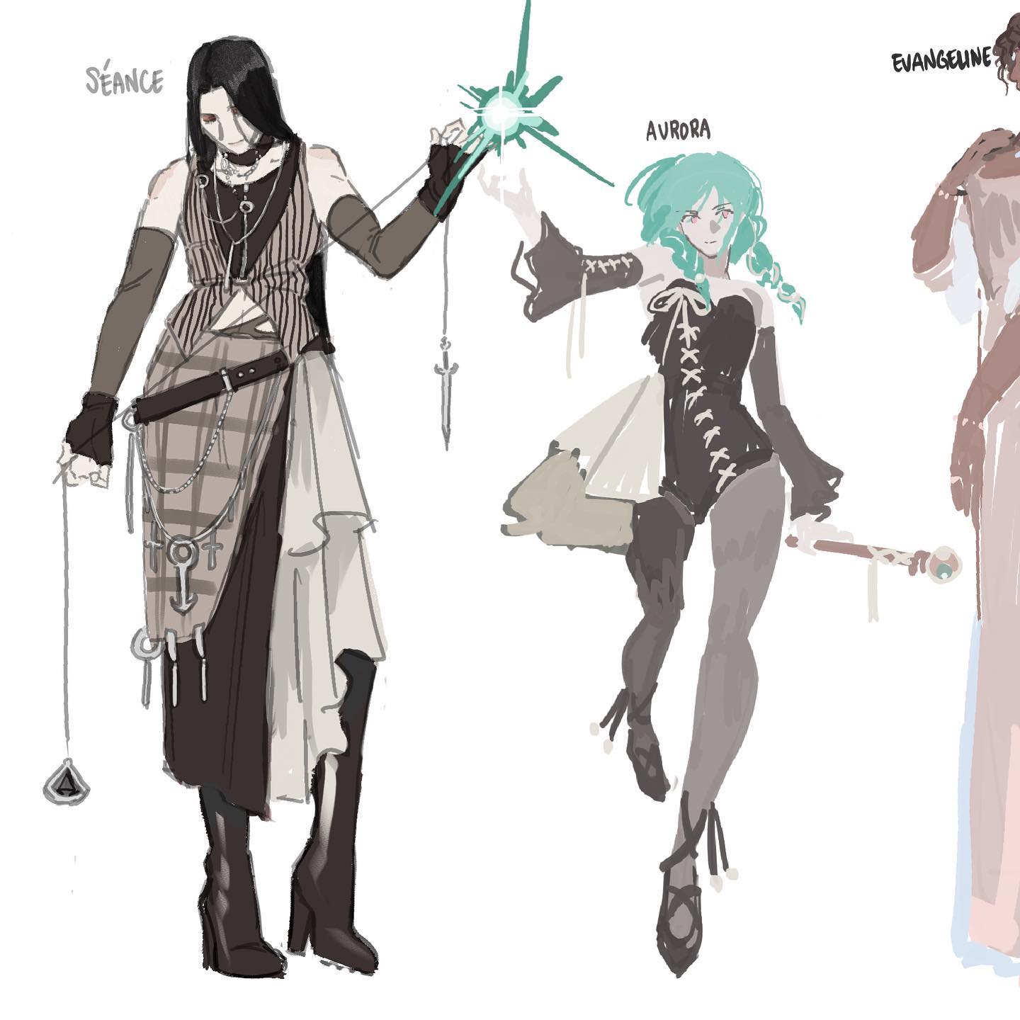 a digital sketch showing three stylized characters, likely designed for a fantasy setting.  each character has a unique outfit and pose, with one holding a glowing orb, another with a pendulum, and the last holding a staff. the style suggests a focus on fashion and silhouette.