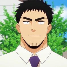 this is a headshot illustration of an anime man with short black hair, thick eyebrows, and a  purple tie over a white shirt. he smiles confidently with his head tilted slightly down, conveying a sense of friendliness and approachability. the background showcases a lush green hedge, suggesting a bright and sunny day.