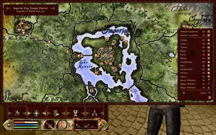 a screenshot from the elder scrolls iv: oblivion showing the world map with a zoomedin view of the imperial city. there is a list of map icons and their descriptions on the right side of the screen. the player's icon is at the top of the screen. the game is set in a fantasy world with magic, dragons, and other mystical creatures.