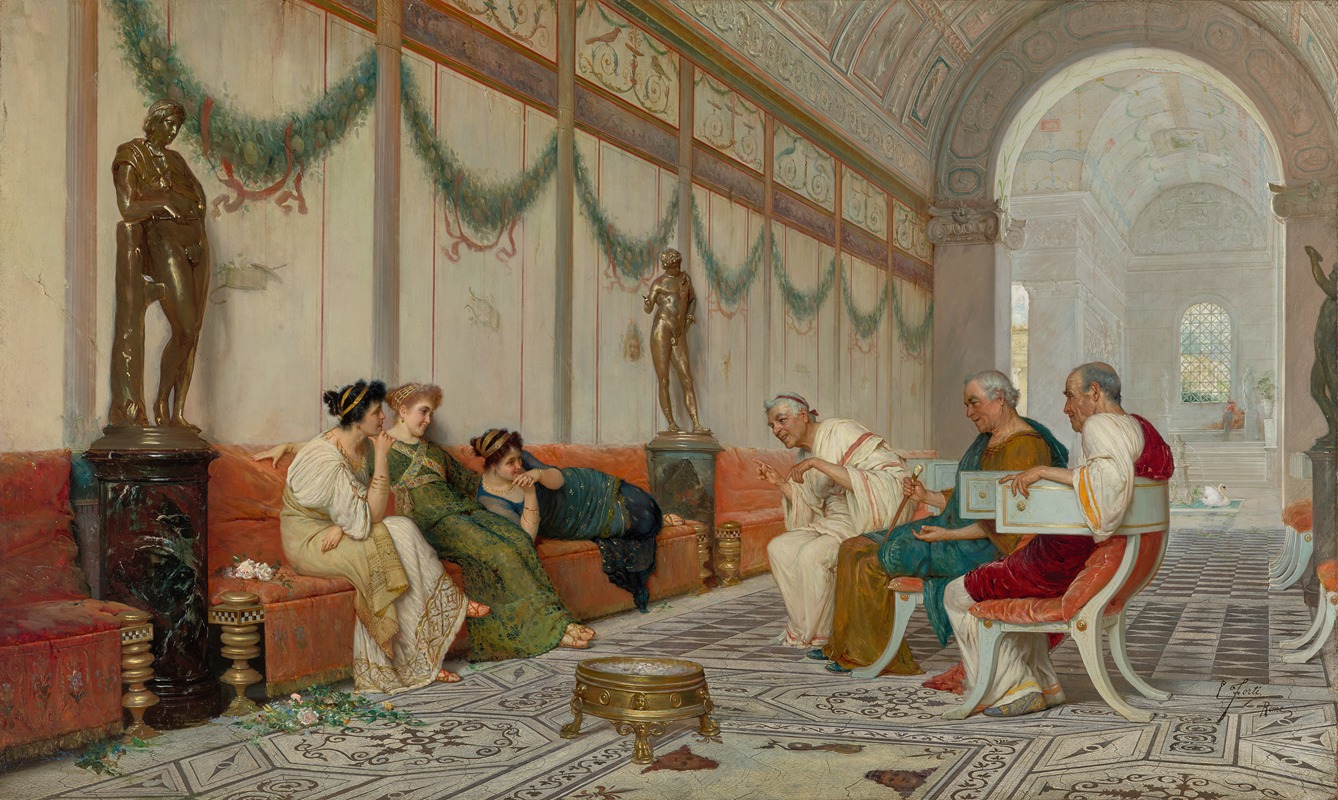 the painting depicts an interior scene in what appears to be an ancient roman villa. several people are gathered in a large, ornately decorated room. on the left, three women are lounging on a red sofa, possibly gossiping. to their right, three men are engaged in conversation, seated on chairs. the room is adorned with classical elements, including statues on pedestals, garlands hanging along the wall, and a detailed mosaic floor. a large archway leads to another room in the background, suggesting a grand, spacious layout. the atmosphere is one of leisure and relaxed social interaction. the subjects' attire suggests a historical setting, likely ancient rome. the overall style of the painting is classical, with attention to detail in the architecture, clothing, and figures.