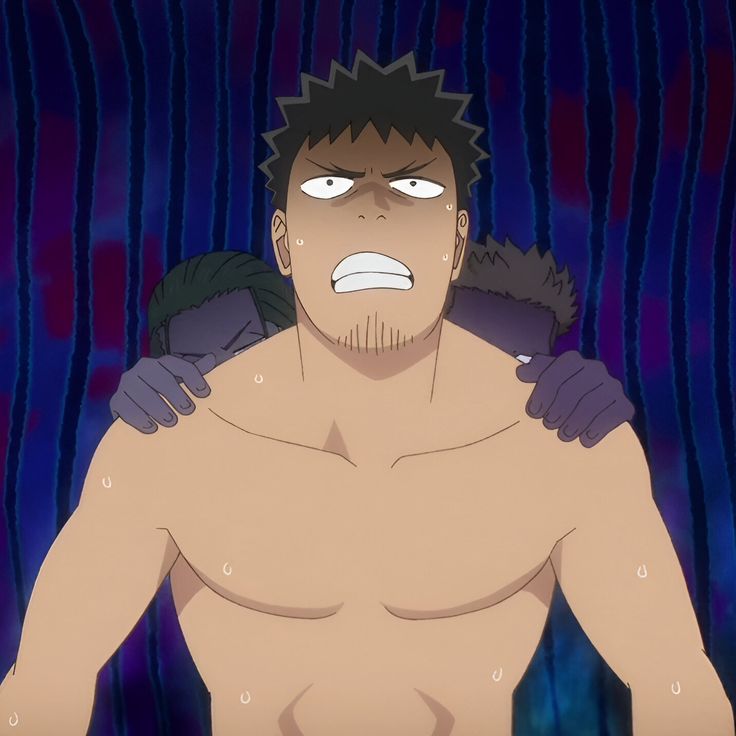 a scared man with brown hair is surrounded by two dark figures who are in the shadows. he looks terrified. the background is dark purple and has vertical stripes. sweat beads are forming on the man's chest and face.  the scene looks ominous.
