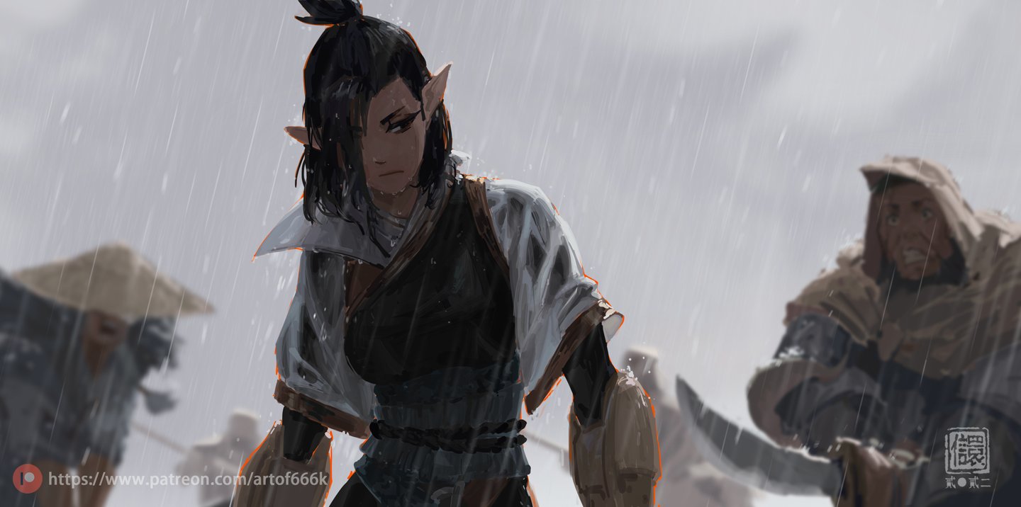 the digital painting depicts a female elflike character, centrally positioned and prominently featured. she wears traditional asianinspired clothing, a darkcolored tunic and pants with a lightercolored, possibly white or light gray cloak or over garment.  her expression is serious and determined.  she stands amidst a driving rain,  surrounded by blurred figures who also appear to be warriors or soldiers, suggestive of a battle or aftermath.  one figure in the background is particularly visible, a heavily cloaked, larger figure that seems to be male. the overall mood is atmospheric, somber, and intense, with the rain adding to the sense of a dramatic or crucial moment. the artist's patreon watermark is visible in the bottom left corner. the style is painterly, with a focus on mood and atmosphere over precise detail.