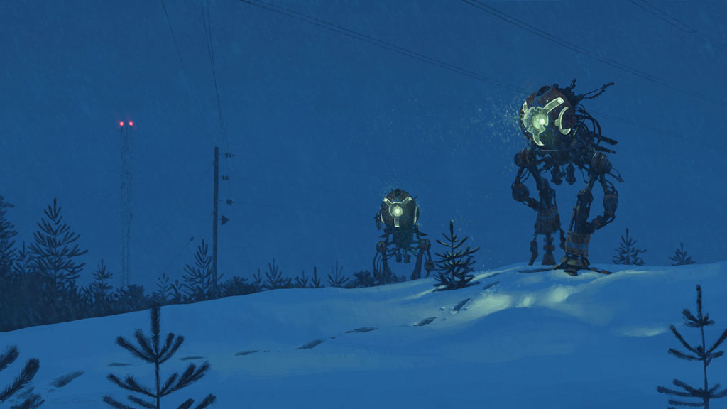 a digital painting of two robots standing in a snowy forest at night. the robots are tall and slender, with large, round heads and glowing eyes. the forest is dark and mysterious, with tall trees covered in snow. the sky is a deep blue, and the snow is falling softly. the painting is set in a future world, and it has a sense of loneliness and isolation.