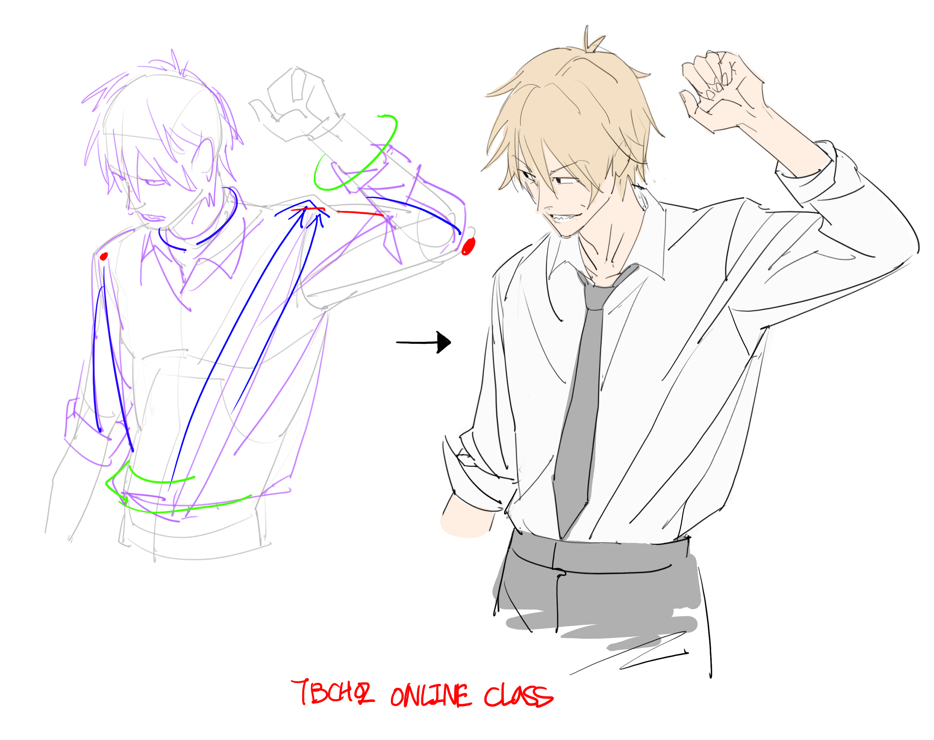 the image displays a drawing tutorial, likely from an online class by "tbcho," demonstrating how to sketch a male anime/manga character. the left side shows a preliminary sketch with construction lines indicating the character's posture, including circles for joints and lines for the body's structure. these lines and circles highlight the character's anatomy and pose.  purple, blue, and green lines guide the viewer through the process. red dots point to reference points on the shoulders.  an arrow indicates the progression to the final cleanedup sketch on the right. the right side depicts a more refined and complete drawing of the same character in a white longsleeve shirt and tie, wearing grey trousers. this final drawing demonstrates a cleaner line style and improved rendering of the character's clothing.  the overall style is light and loose, typical of anime and manga character design.  the text "tbcho online class" is visible in the bottom section.