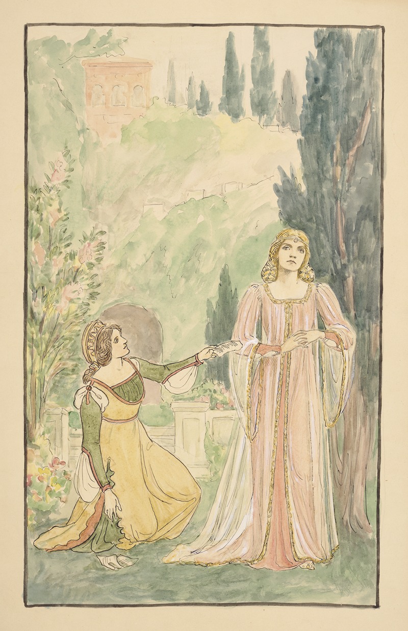 the image is a painting that depicts two women in what appears to be a medieval garden setting. one woman is kneeling and wearing a yellow and green dress, while the other woman is standing and wearing a long, pink dress. the background includes a landscape with a building, trees, and a garden.