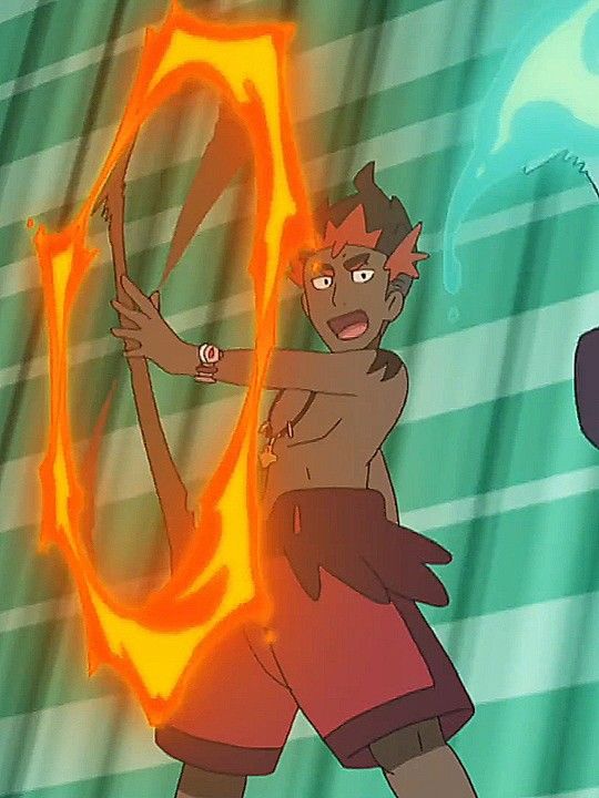this is an image of an anime character who is wielding a flaming weapon. the character is male and has red and orange hair. he is wearing a red, orange, and black outfit. he is smiling and looks like he is about to strike his opponent.