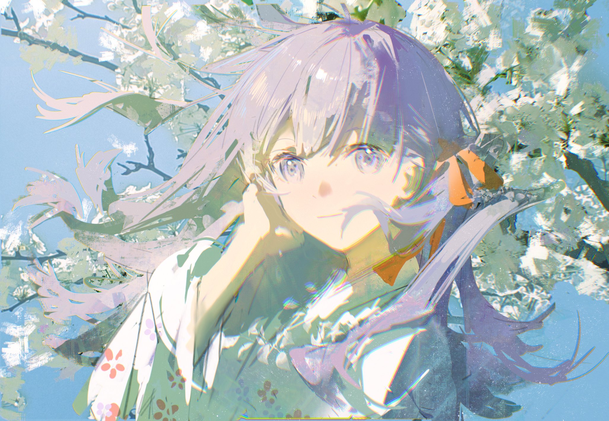 the image is a digital painting of an animestyle girl with long, flowing purple hair. she is wearing a white kimono with pastel floral patterns.  the setting appears to be outdoors amongst cherry blossoms, creating a soft, dreamy atmosphere. the art style is painterly and impressionistic, with soft colors and blurred lines. the wind is gently blowing her hair. the overall mood is peaceful and serene.